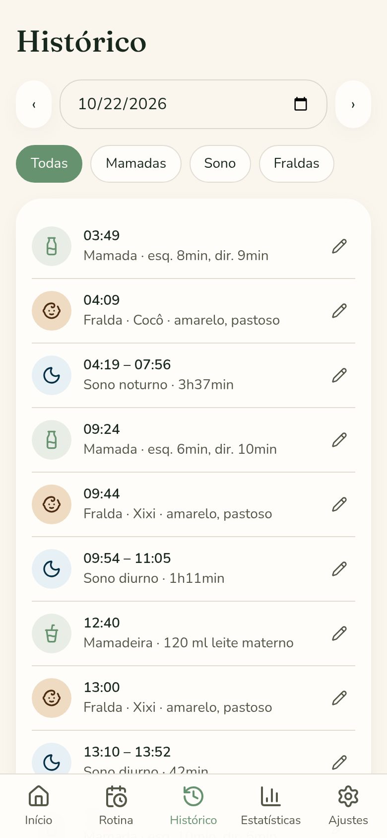 Tela de Histórico do BabyCare